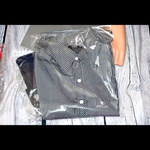 Finejo Mens Long Sleeve Button Shirt Black Gray Striped Size M